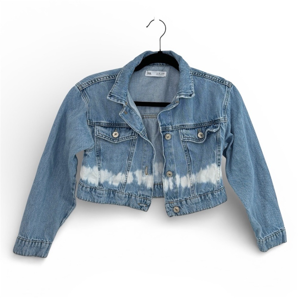 Zara Kids Cropped Denim Jean Jacket Size 10 Blue White Tie Dye Detail
